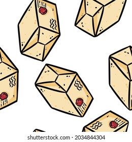 Cute caricatura post paquete doodles patrón de frontera sin fisuras. mosaico de fondo repetible del vector. Plantilla de artesanía acogedora de ilustración de stock para diseño de envoltorio, papel tapiz