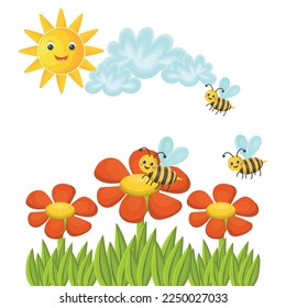 Cute cartoon postcard. Sunny lawn with bees flying under red daisy flowers and grass isolated on white background. Bees are collecting honey in the sunny summer day.