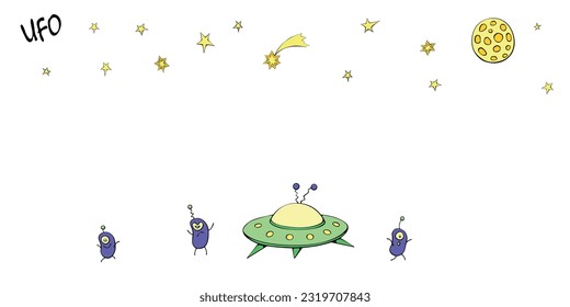 Cute cartoon poster, background on the theme of alien invasion, UFO, first contact. Funny illustration on hand drawn in flat doodle style