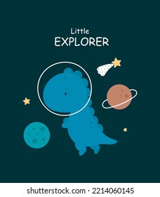 Afiche lindo de caricatura con un lindo dinosaurio en el espacio. Ilustración vectorial. Para los niños cosas, tarjeta, carteles, pancartas, libros para niños, impresión en el envase, impresión en ropa, tela, papel pintado, textil.