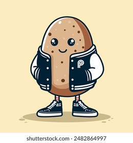 Cute Cartoon Potato Boy wearing varsity jacket.