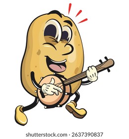 cute cartoon potato mascot vector playing the banjo musical instrument, happy smiling character isolated on transparent background, work of hand drawn