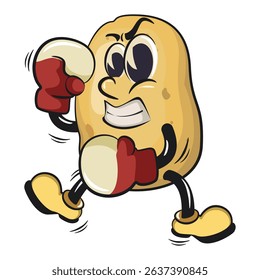 cute cartoon potato mascot vector practicing boxing wearing boxing glove, happy smiling character isolated on transparent background, work of hand drawn