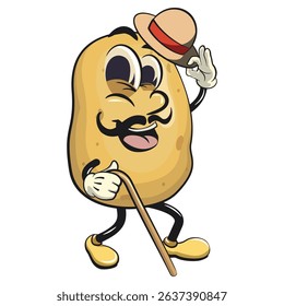 cute cartoon potato mascot vector carrying a stick and saluting with raised hat, happy smiling character isolated on transparent background, work of hand drawn