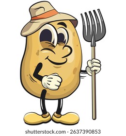 cute cartoon potato mascot vector carrying fork shovel and wearing hat, happy smiling character isolated on transparent background, work of hand drawn