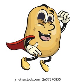 cute cartoon potato mascot vector as flying superhero wearing a robe, happy smiling character isolated on transparent background, work of hand drawn