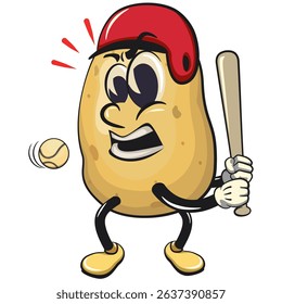 cute cartoon potato mascot vector with helmet, playing baseball ready to hit the ball with the bat, happy smiling character isolated on transparent background, work of hand drawn