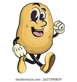 cute cartoon potato mascot vector walking, happy smiling character isolated on transparent background, work of hand drawn