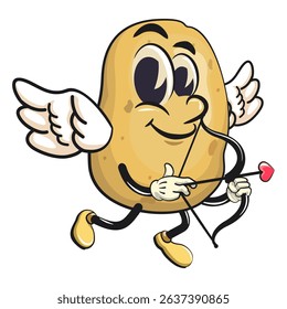 cute cartoon potato mascot vector become a cupid with angel wings and the arrow of love, happy smiling character isolated on transparent background, work of hand drawn