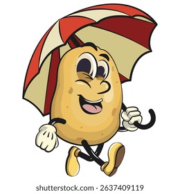 cute cartoon potato mascot vector walking with an umbrella, happy smiling character isolated on transparent background, work of hand drawn