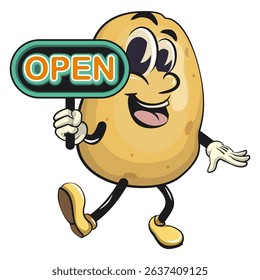 cute cartoon potato mascot vector showing a sign that says open, happy smiling character isolated on transparent background, work of hand drawn