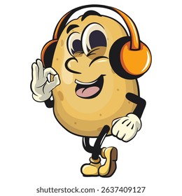 cute cartoon potato mascot vector listening to headset while dancing listening to headset while dancing, happy smiling character isolated on transparent background, work of hand drawn