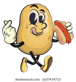 cute cartoon potato mascot vector carrying a hotdog while giving love sign, happy smiling character isolated on transparent background, work of hand drawn