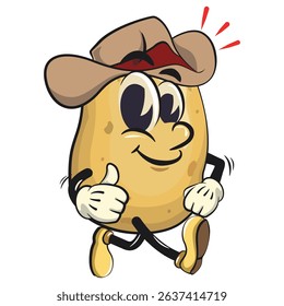 cute cartoon potato mascot vector wearing a cowboy hat while giving a thumbs up sign, happy smiling character isolated on transparent background, work of hand drawn