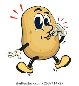 cute cartoon potato mascot vector blowing the whistle, happy smiling character isolated on transparent background, work of hand drawn