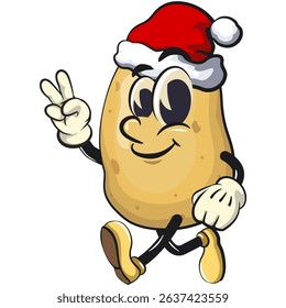 cute cartoon potato mascot vector wearing a Santa Claus hat while giving a two-finger peace sign, happy smiling character isolated on transparent background, work of hand drawn