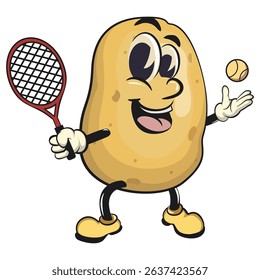 cute cartoon potato mascot vector playing tennis, happy smiling character isolated on transparent background, work of hand drawn