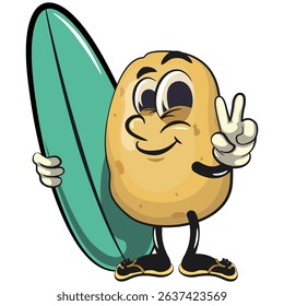 cute cartoon potato mascot vector with surfboard and gave a peace sign, happy smiling character isolated on transparent background, work of hand drawn