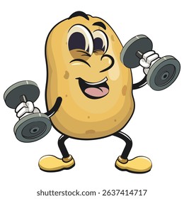 cute cartoon potato mascot vectordoing barbell lifting workout, happy smiling character isolated on transparent background, work of hand drawn