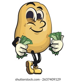 cute cartoon potato mascot vectort carrying money while whistling, happy smiling character isolated on transparent background, work of hand drawn