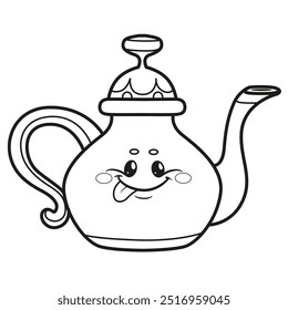 Cute cartoon pot-bellied teapot with a kawaii face outlined. Image produced without the use of any form of AI software at any stage.