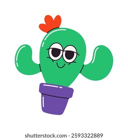 Cute cartoon potted blooming cactus