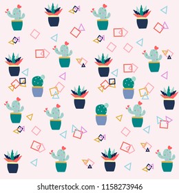 Cute cartoon potted cacti pattern.Colorful seamless pattern with cute cactus in simple hand drawn style.  Decorative houseplants. Vector illustration.