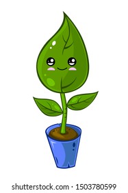 Cute cartoon potted plant with green leaves and cute face. Beautiful element for kawaii character design.
