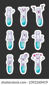 Cute cartoon pregnancy test characters. Sticker Bookmark. Positive and negative results. Kawaii emoji. Hand drawn style. Vector drawing. Collection of design elements.
