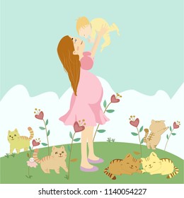 cute cartoon a  pregnant woman is holding her baby, surrounded by a cat and pink heart flower is in the garden, illustration vector by freehand doodle comic art
