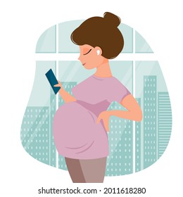 Cute cartoon pregnant woman in pants and t-shirt listens to music with headphones holds a phone in her hand against the backdrop of the city's metropolis. Background of window. Vector illustration. 
