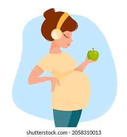 Cute cartoon pregnant woman in pants and t-shirt listens to music with headphones holds green apple in her hand. Vector illustration in flat style.