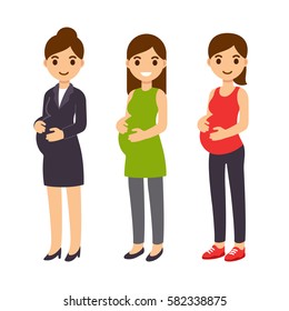Cute cartoon pregnant woman set. Business suit, casual clothes and fitness gear. Happy expecting mother flat vector illustration.