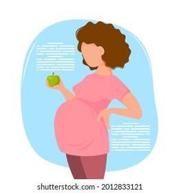 Cute cartoon pregnant woman in trousers and a T-shirt holds a green apple in her hand. Flat style. Healthy food concept during pregnancy. Vector illustration.