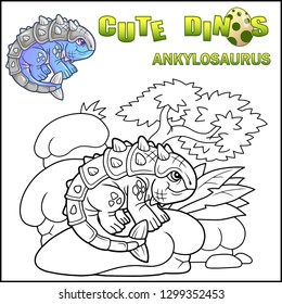 cute cartoon prehistoric dinosaur ankylosaurus, coloring book, funny illustration