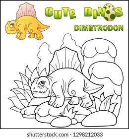cute cartoon prehistoric dinosaur dimetrodon, coloring book, funny illustration