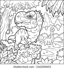 cute cartoon prehistoric dinosaur tyrannosaurus, coloring book for children, outline illustration