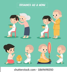 cute cartoon present how to ordained as a monk in Buddhism religion