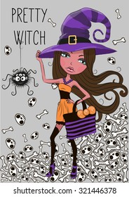 Cute cartoon pretty witch in a hat
