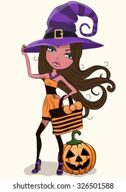 Cute cartoon pretty witch in a hat