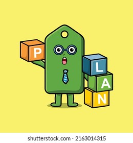Cute cartoon price tag businessman stacking plan box in 3d modern style design