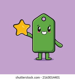 Cute cartoon price tag character holding big golden star in cute modern style design