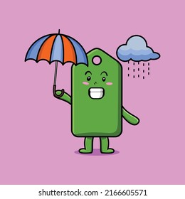 Cute cartoon price tag character in the rain and using an umbrella in flat modern style design