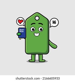 Cute cartoon price tag character holding diary book with happy expression