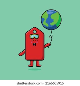 Cute cartoon price tag floating with world balloon cartoon vector illustration