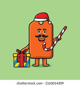 cute cartoon price tag santa clause character is bringing candy cane and boxes christmas