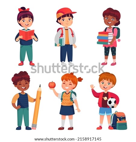Cute cartoon primary school boys and girls with backpacks, reading books and learning. Boy hold pencil. Student children characters vector set