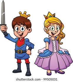 Cute cartoon prince and princess. Vector illustration with simple gradients. Each character in a separate layer.