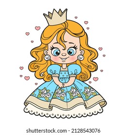 Cute cartoon princess in ball dress with roses color variation for coloring page on a white background