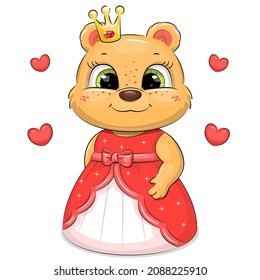 Cute cartoon princess bear in a red dress and crown. Vector illustration of an animal with hearts on a white background.